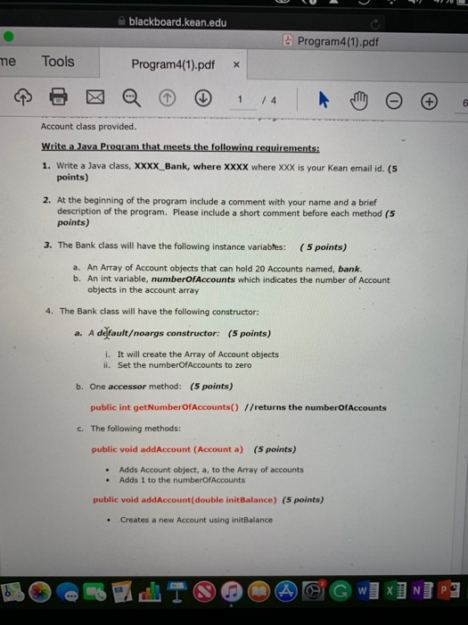  JAVA (mac terminal) blackboard.kean.edu Program4(1).pdf me Tools Program4(1).pdfx 1 4 Account