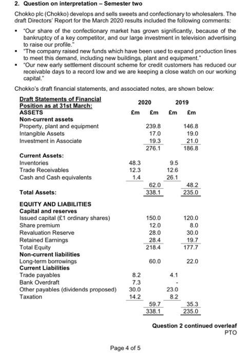  2. Question on interpretation - Semester two Chokko plc (Chokko) develops