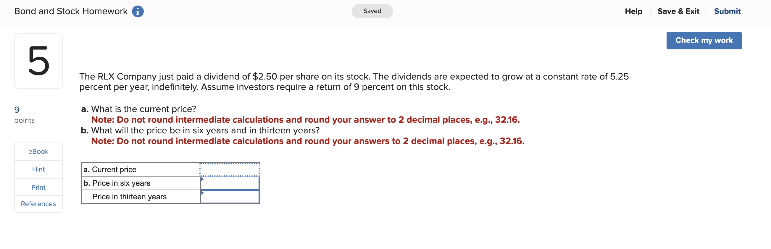 Bond and Stock Homework (i) Help Save & Exit Submit The RLX