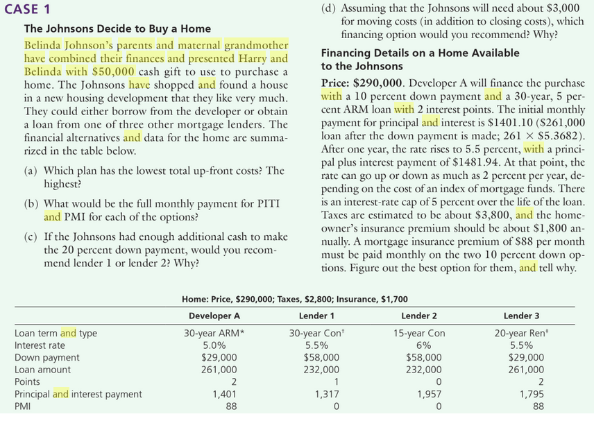 DO NOT USE EXCEL ANSWER LETTERS A,B,C,D CASE 1 The Johnsons Decide
