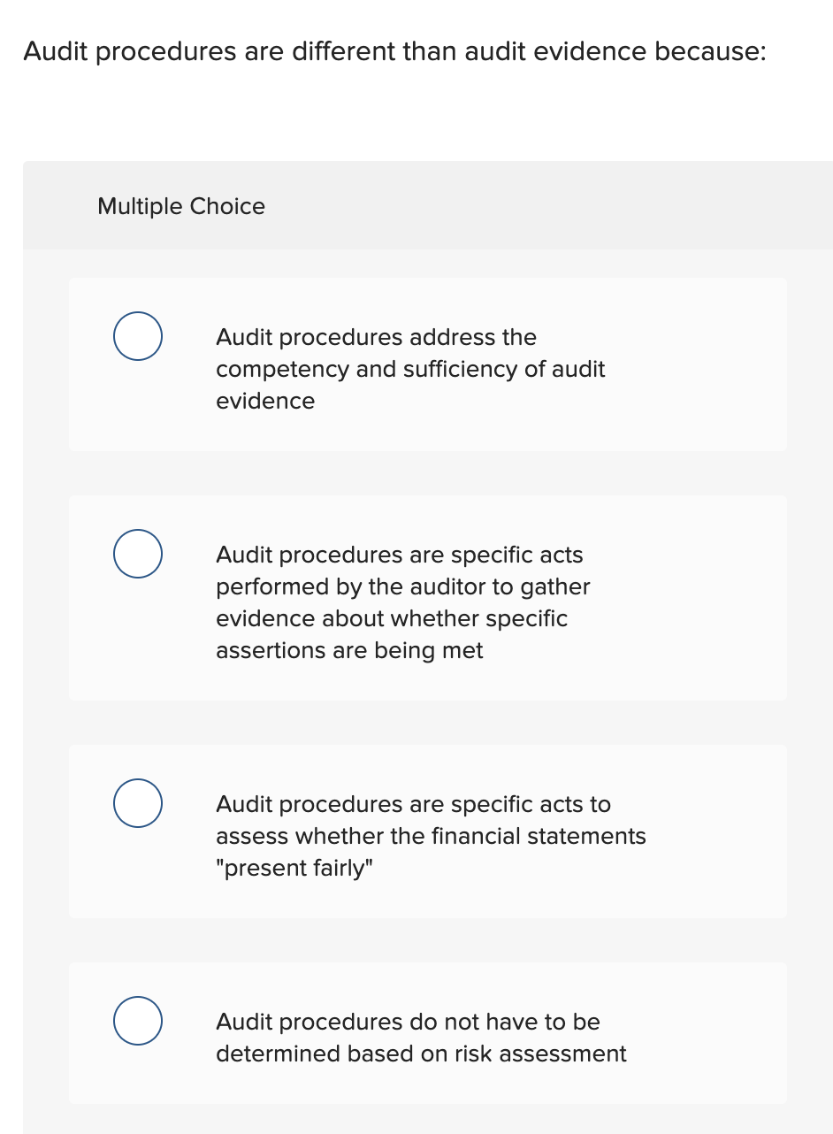 Audit procedures are different than audit evidence because: Multiple Choice O