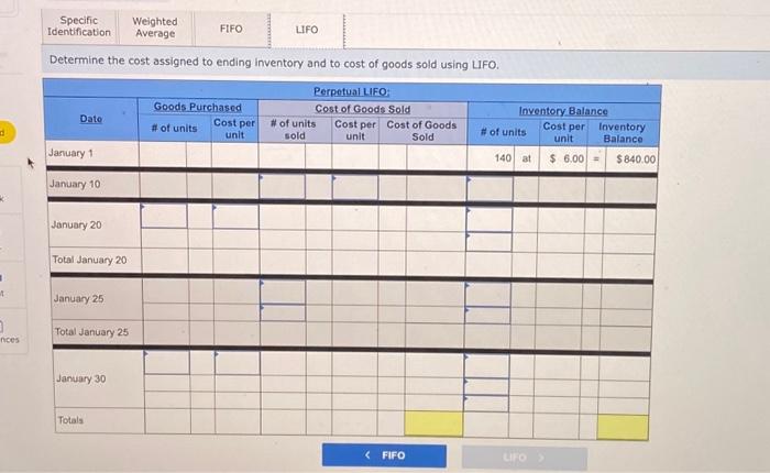 Complete the table to determine the cost assigned to ending inventory and
