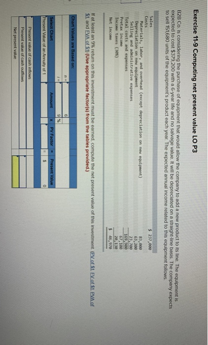 Please help me with the blanks. Thanks! Exercise 11-9 Computing net present