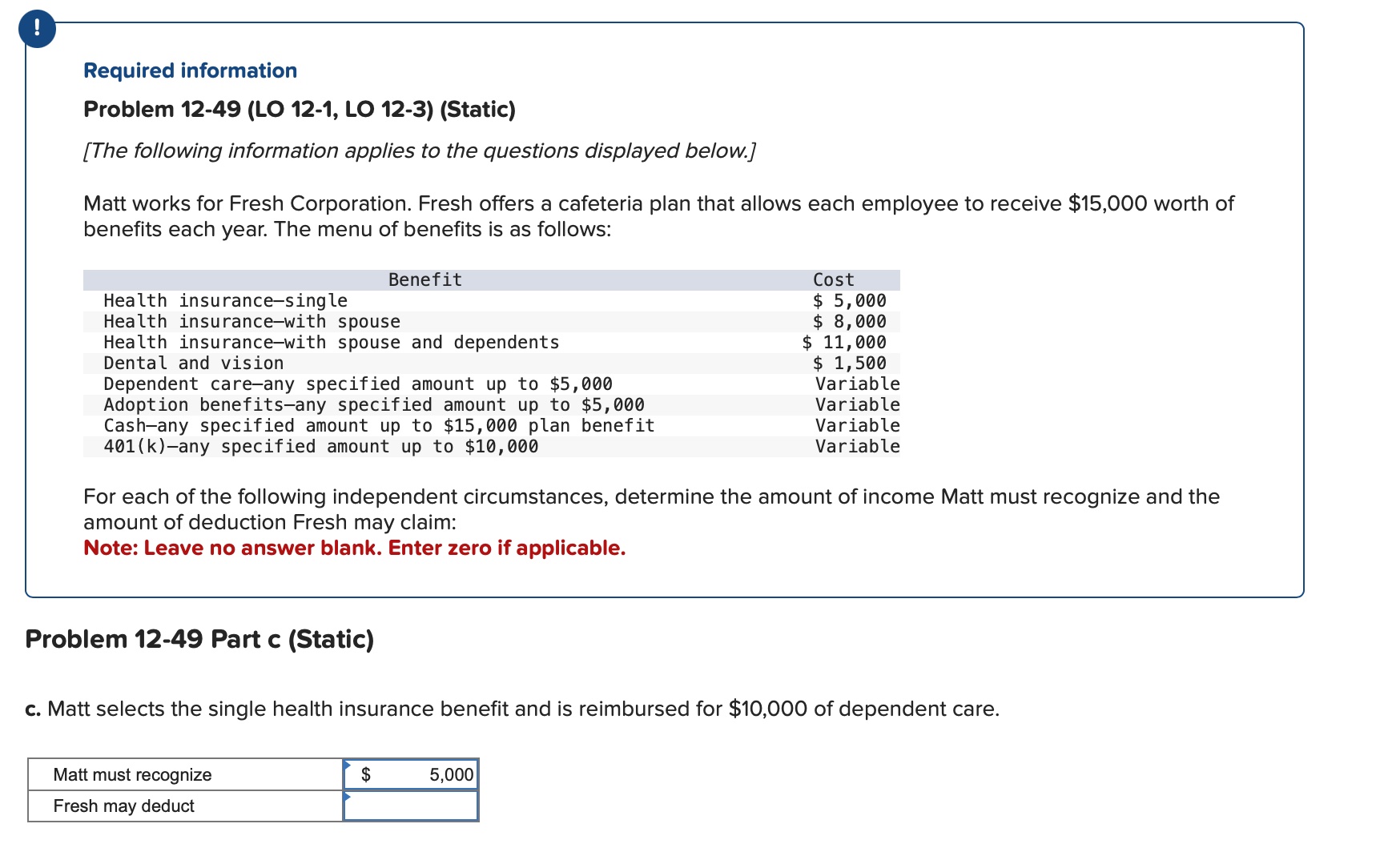 Required information Problem 12-49 (LO 12-1, LO 12-3) (Static) [The following