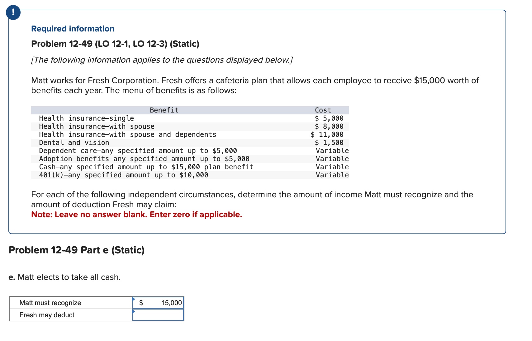 Fresh offers a cafeteria plan that allows each employee to receive $15,000