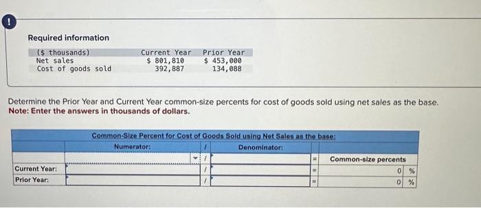  Required information Determine the Prior Year and Current Year common-size percents