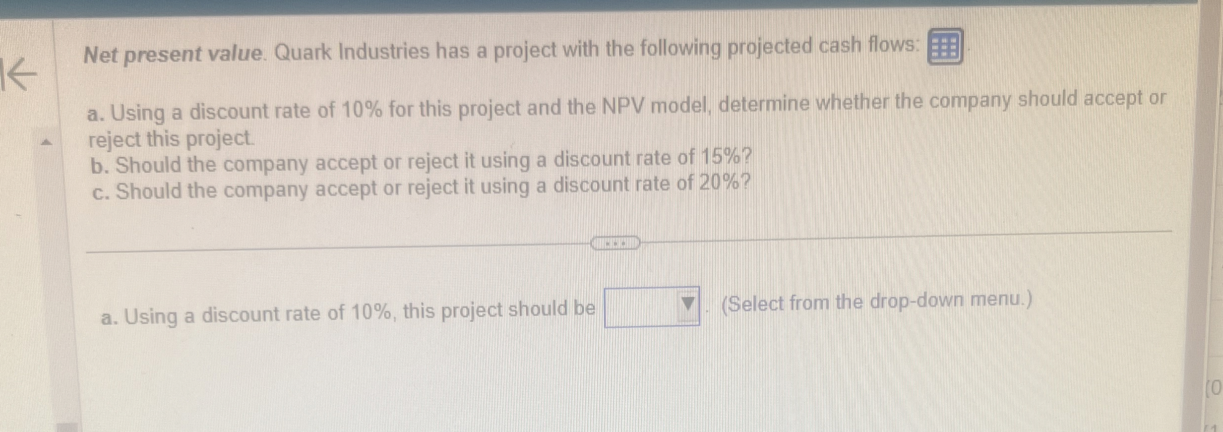  Net present value. Quark Industries has a project with the following