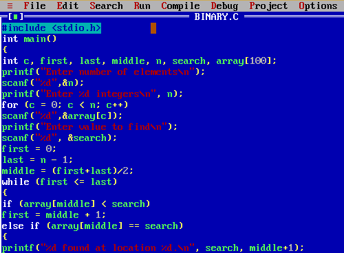  File Edit Search Run Compile Debug Project Options BINARY.C include 