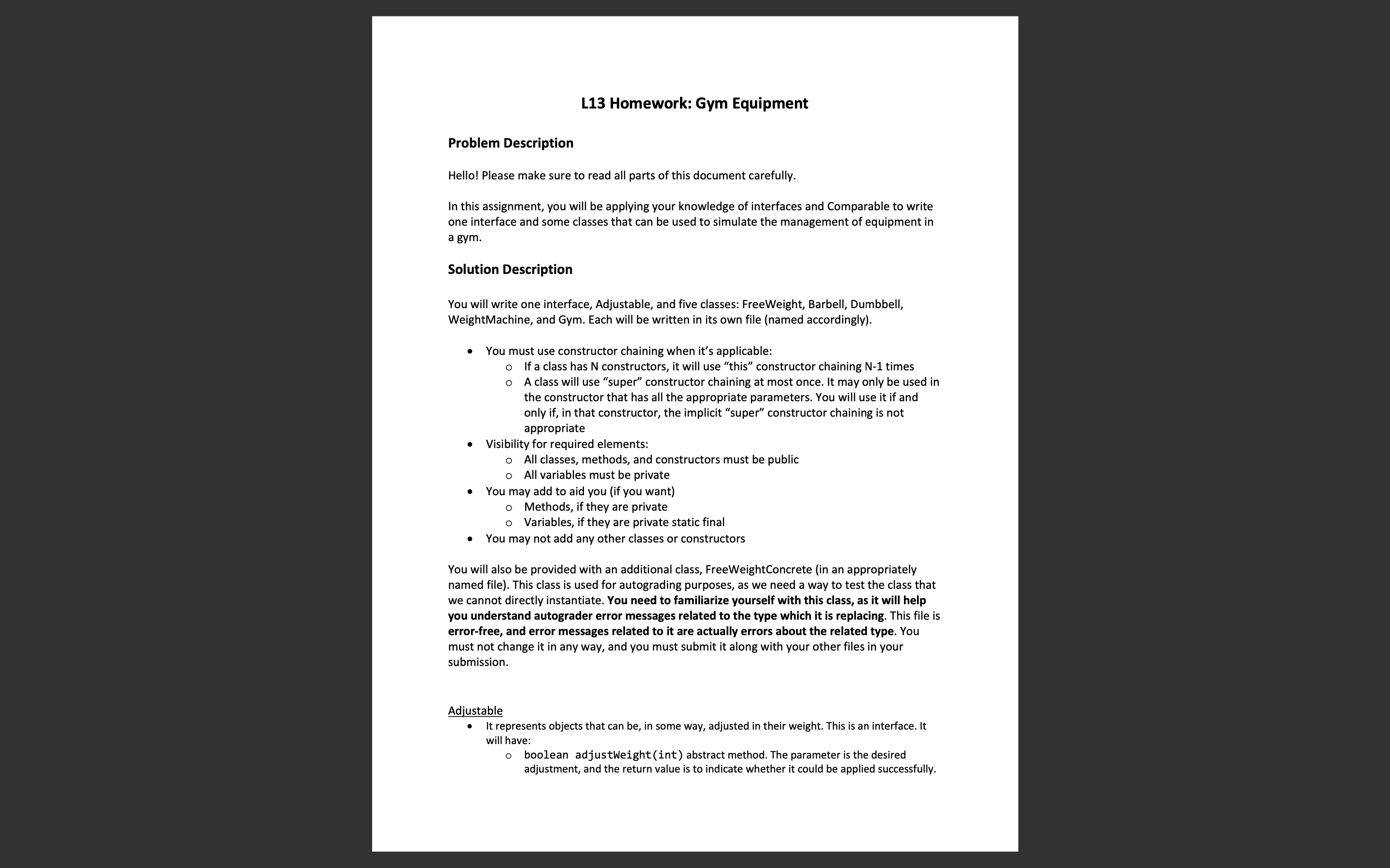  Write the full Java code for all of the following classes