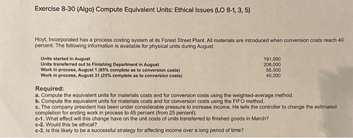  Hoyt, Incorporated has a process costing system at its Forest Street