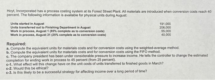 Plant. All materials are introduced when conversion costs reach 40 percent. The
