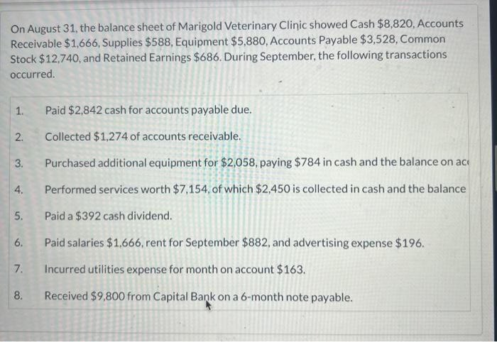 31, the balance sheet of Marigold Veterinary Clinic showed Cash $8,820, Accounts