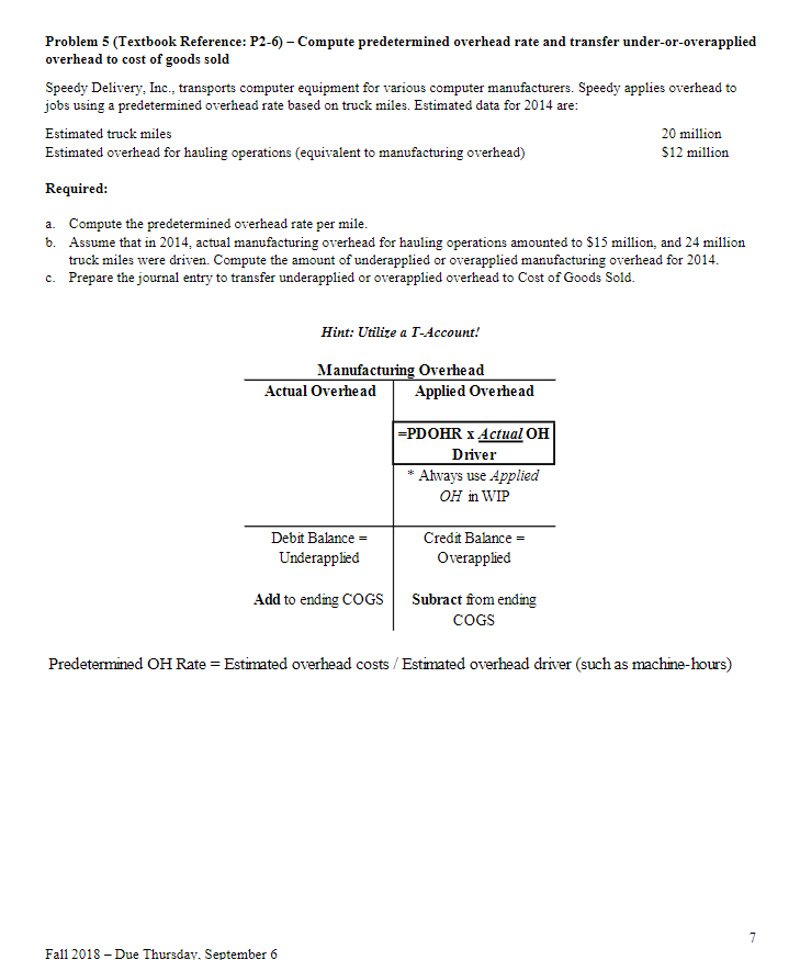 Problem 5 (Textbook Reference: P2-6) - Compute predetermined overhead rate and