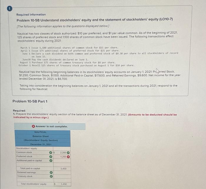 show your work please! Required information Problem 10-5B Understand stockholders' equity and