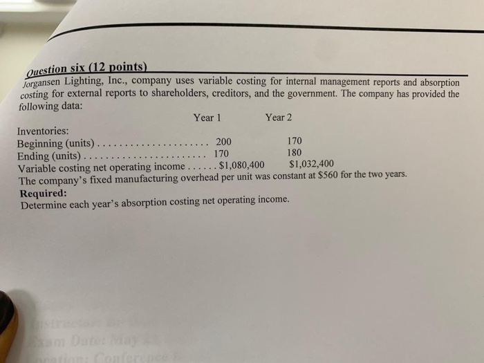 question six (12 points) Jorgansen Lighting, Inc., company uses variable costing