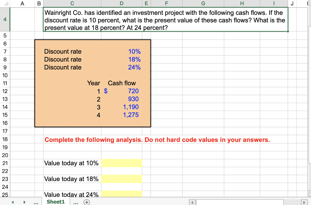 Please type the equation in Excel using "letter" plus "number" Wainright Co.