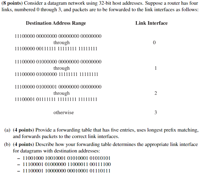  (8 points) Consider a datagram network using 32-bit host addresses. Suppose