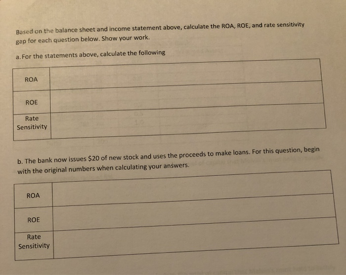 balance sheet and income statement below, calculate the ROA, ROE, and rate