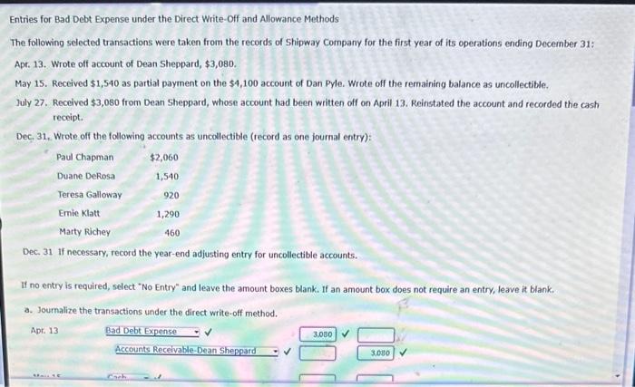  Entries for Bad Debt Expense under the Direct Write-Off and Allowance