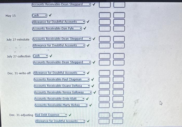 Apr. 13. Wrote off account of Dean Sheppard, $3,080. May 15. Received