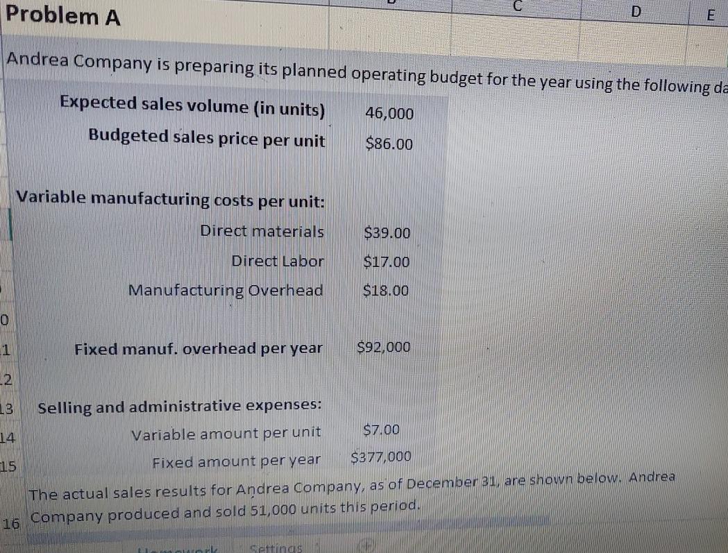  Problem A D E Andrea Company is preparing its planned operating
