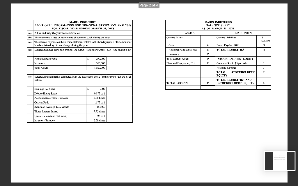 Incomplete financial statements for Maris Industries are attached. The attached additional information