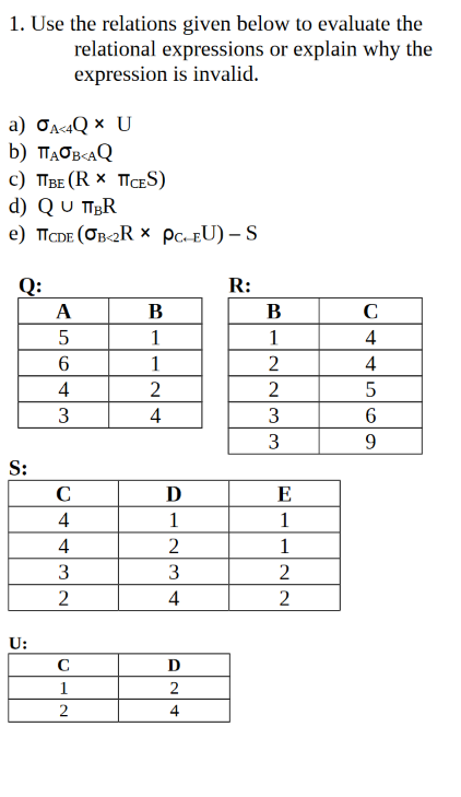 1. Use the relations given below to evaluate the relational expressions