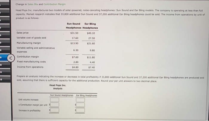  Change in Sales Mox and Contribution Margin Head Pops Inc., manufactures