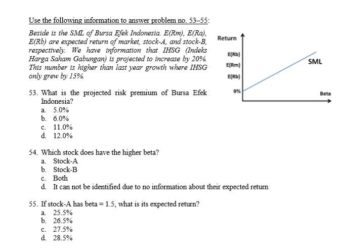  SML 9% Beta Use the following information to answer problem no.