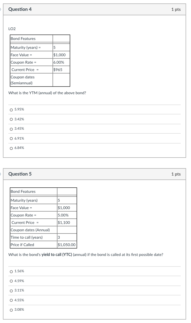  Question 4 1 pts LO2 Bond Features Maturity (years) = 5
