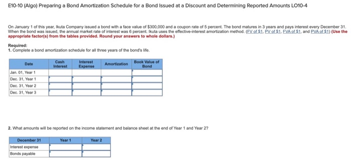  E10-10 (Algo) Preparing a Bond Amortization Schedule for a Bond Issued