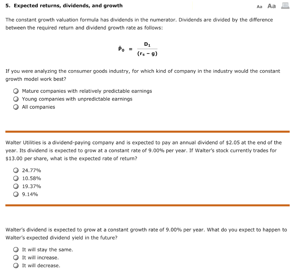 5. Expected returns, dividends, and growth Aa Aa E The constant