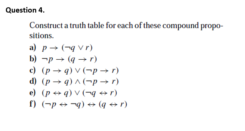Question 4. Construct a truth table for each of these compound