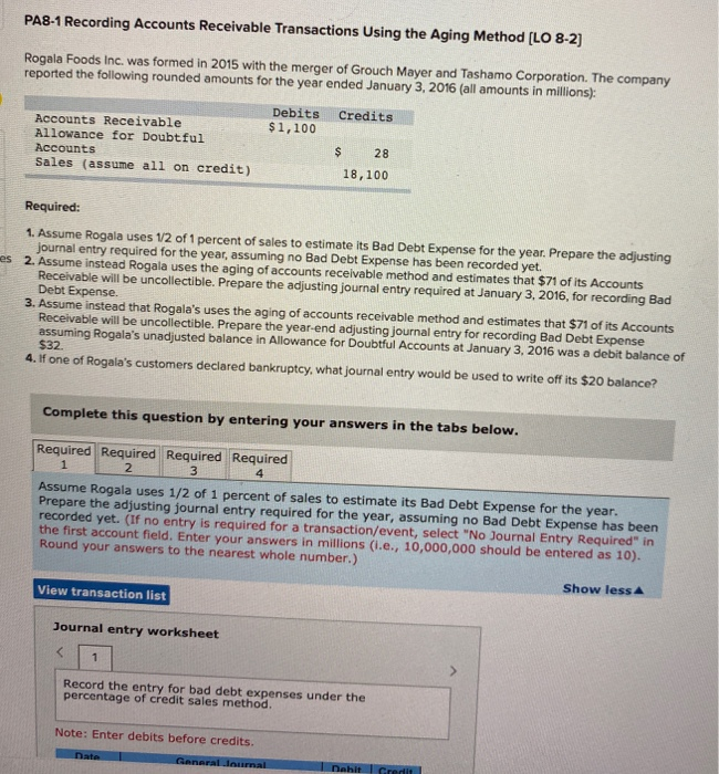  PA8-1 Recording Accounts Receivable Transactions Using the Aging Method [LO 8-2