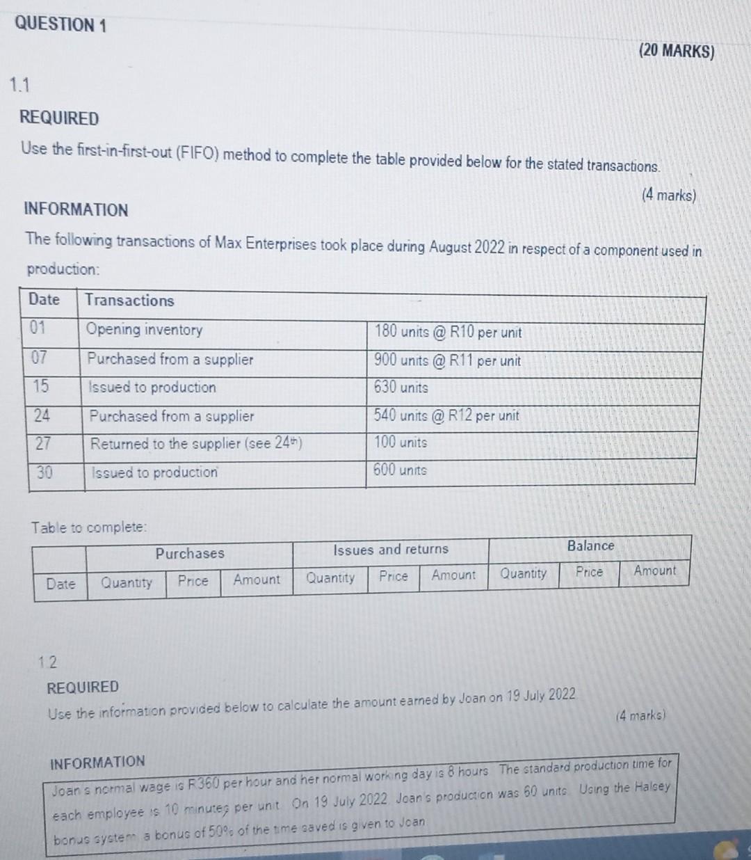 1.1 REQUIRED Use the first-in-first-out (FIFO) method to complete the table