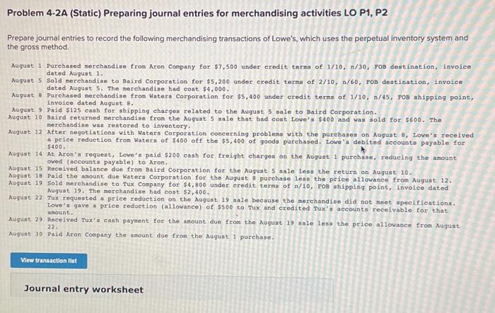  Problem 4-2A (Static) Preparing journal entries for merchandising activities LO P1,