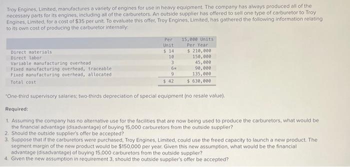 Help needed with questions 1 through 4 Troy Engines, Limited. manufactures a
