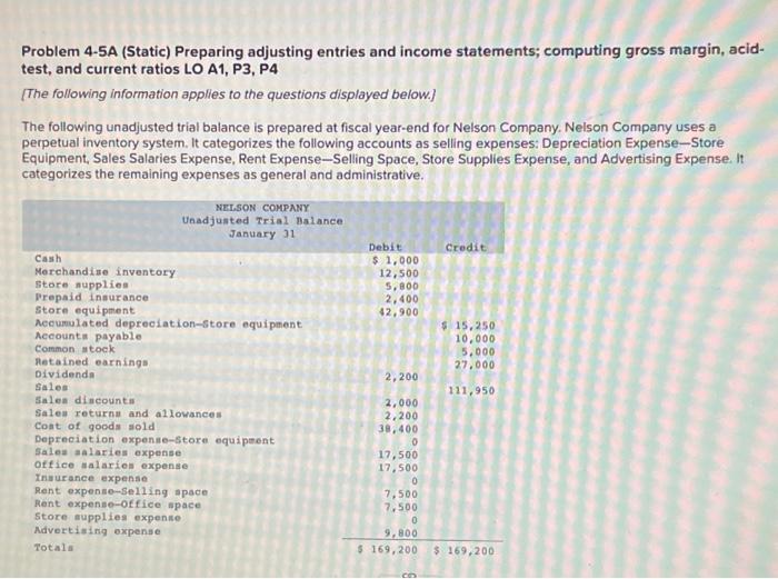  Problem 4-5A (Static) Preparing adjusting entries and income statements; computing gross