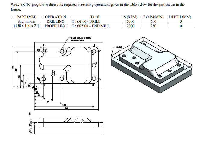  Write a CNC program to direct the required machining operations given