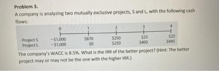  4 Problem 3. A company is analyzing two mutually exclusive projects,