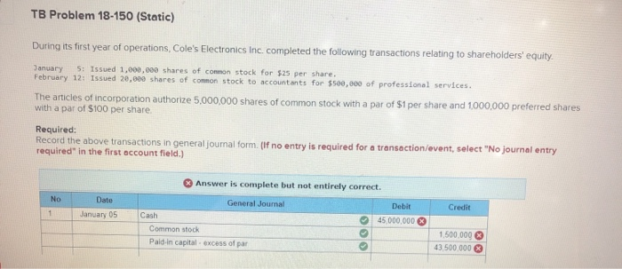  TB Problem 18-150 (Static) During its first year of operations, Cole's
