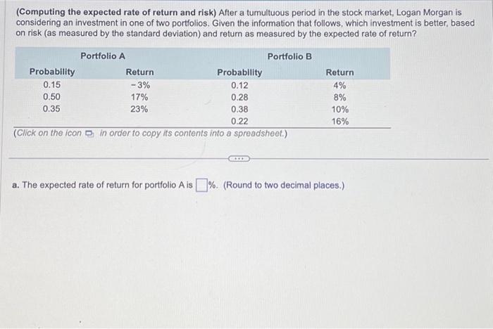  (Computing the expected rate of return and risk) After a tumultuous
