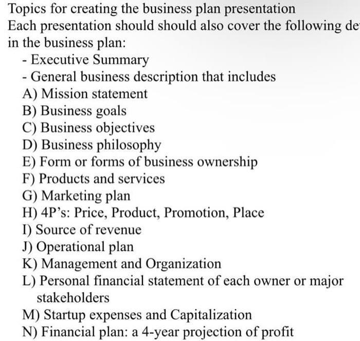  Topics for creating the business plan presentation Each presentation should should