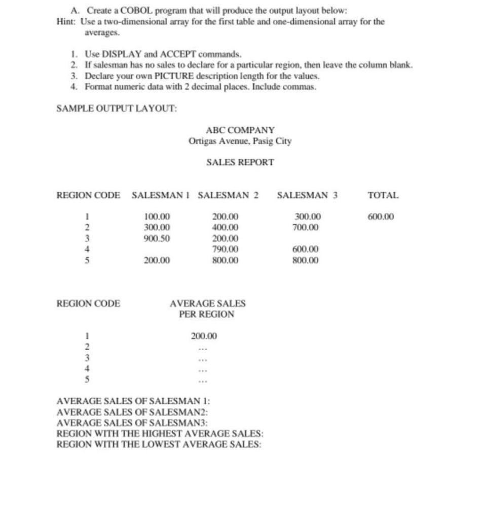  A. Create a COBOL program that will produce the output layout