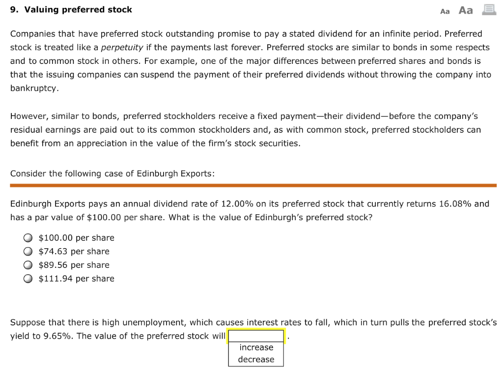 9. Valuing preferred stock Aa Aa E Companies that have preferred