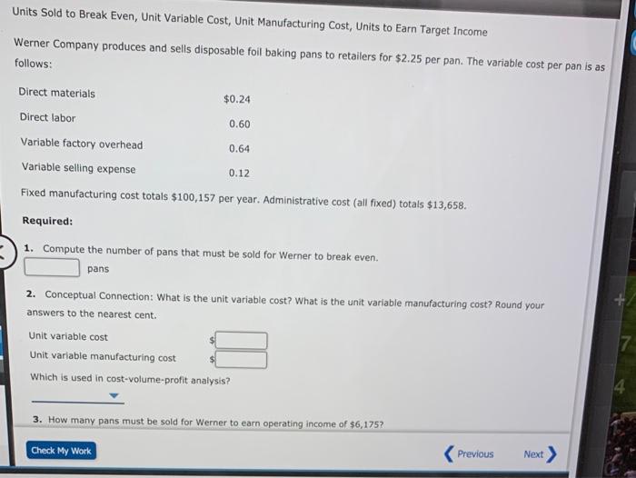  Units Sold to Break Even, Unit Variable Cost, Unit Manufacturing Cost,