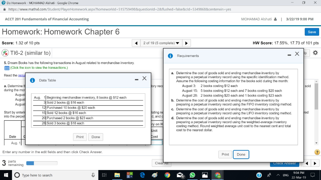 of Financial Accounting MOHAMAD Alshati3/22/19 8:59 PM Homework: Homework Chapter6 Save Score: