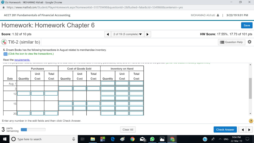 1.32 of 10 pts 2 of 19 (5 complete) HW Score: 17.55%,