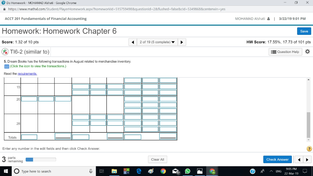 17.73 of 101 pts TI6-2 (similar to) Question Help 5. Dream Books