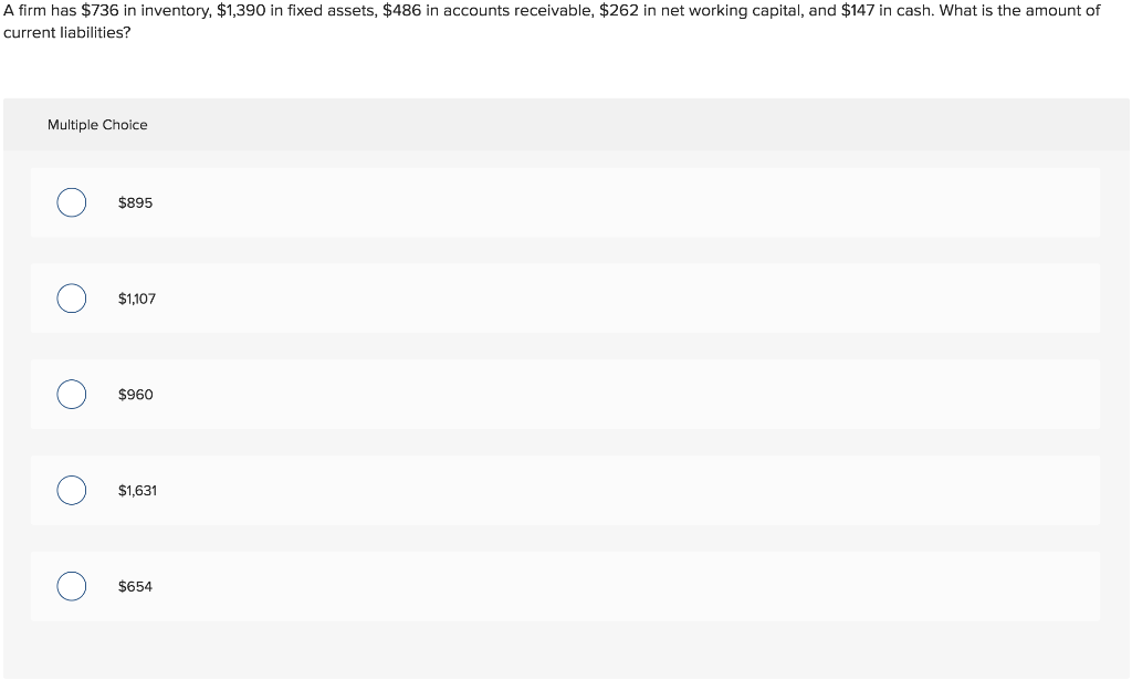  stuck on this problem A firm has $736 in inventory, $1,390